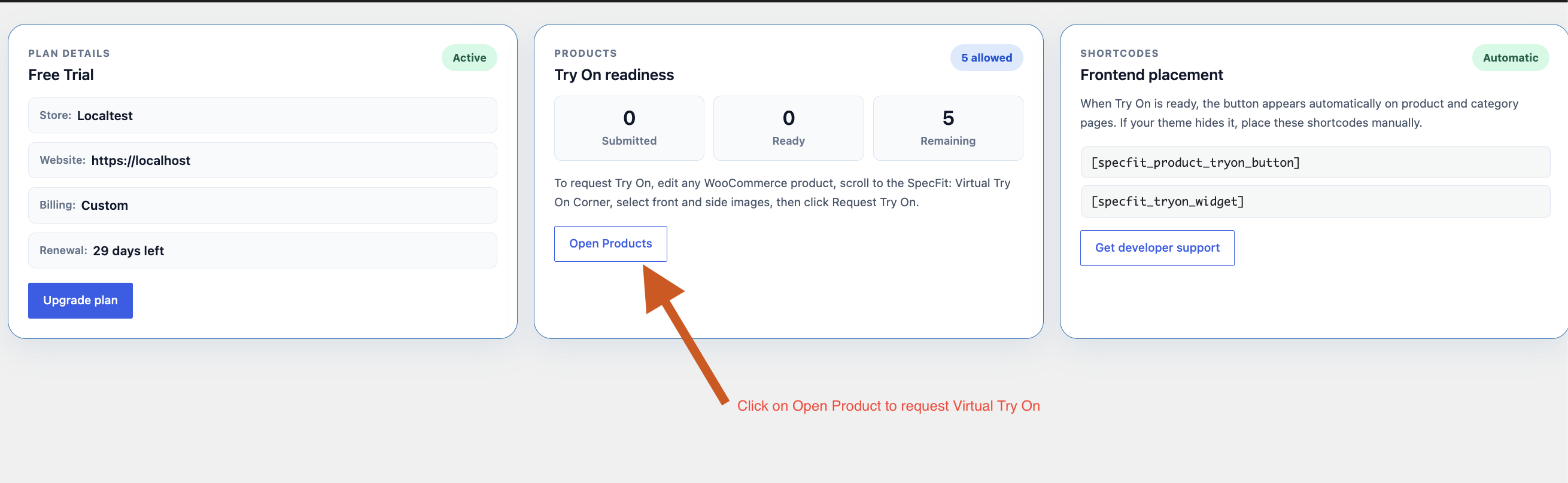 SpecFit setup page after WordPress website is linked