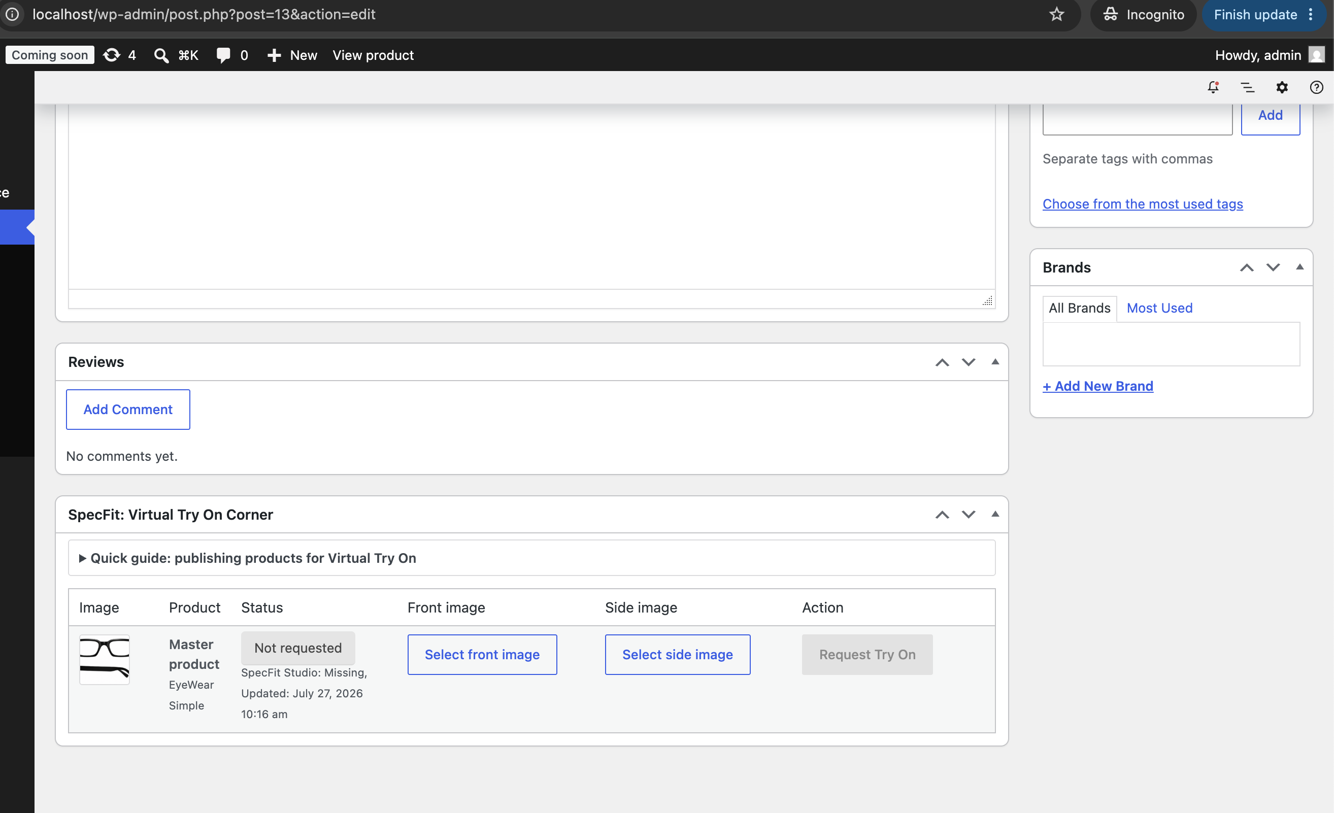 WooCommerce product edit page with SpecFit Virtual Try On Corner
