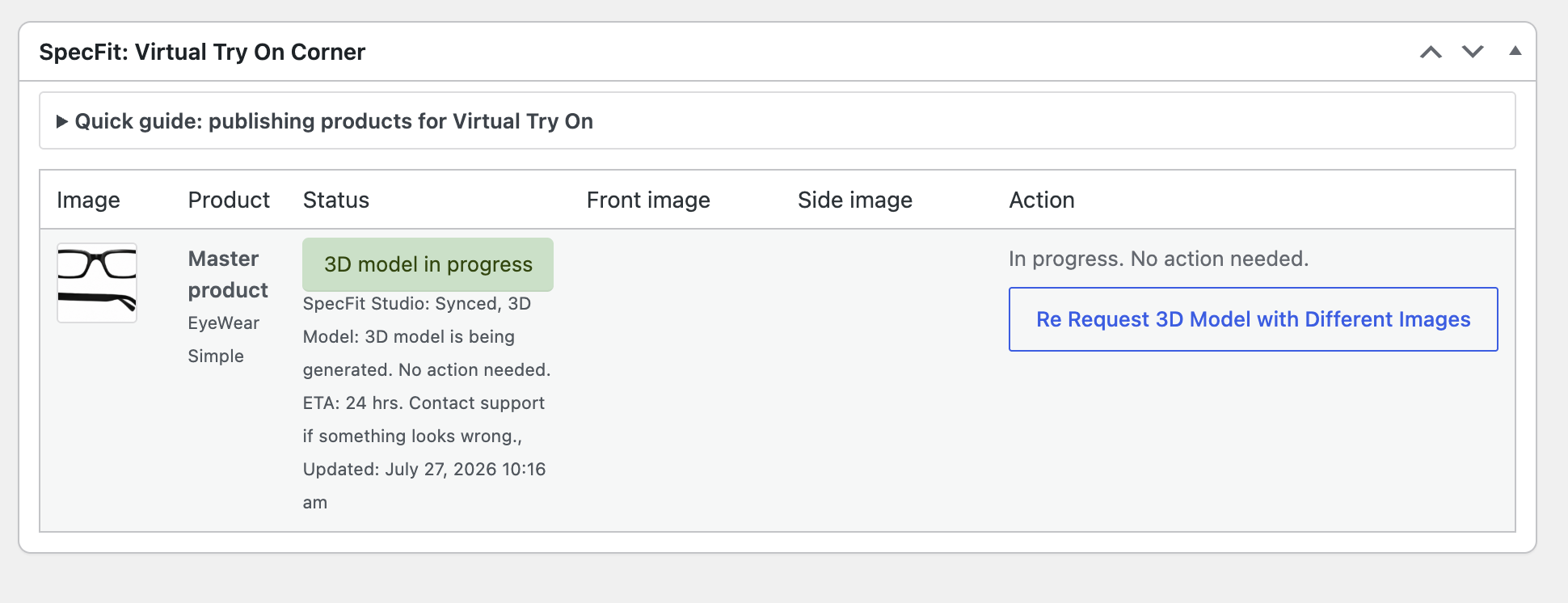 SpecFit Try On product status in progress