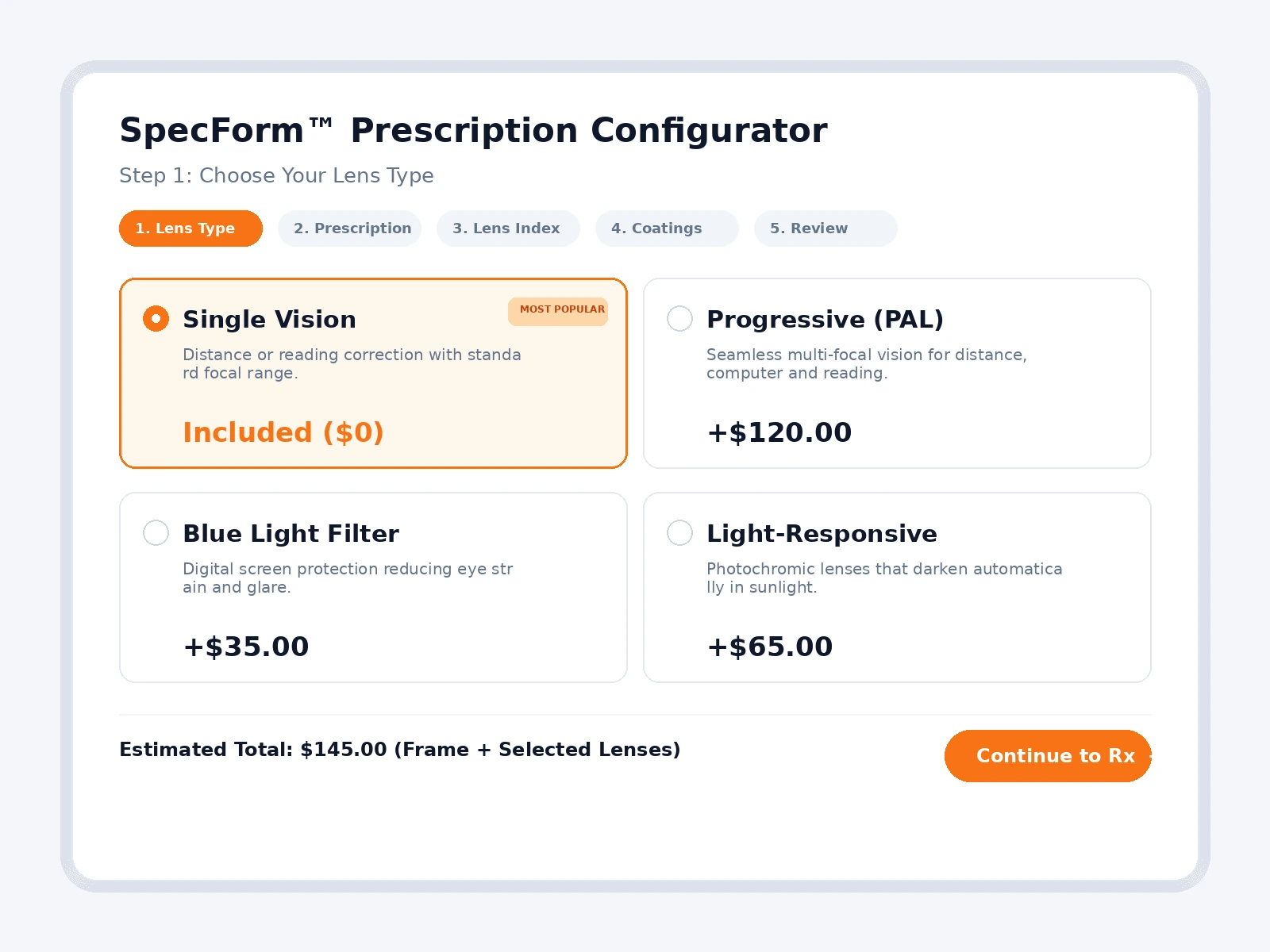 SpecForm lens type selection preview