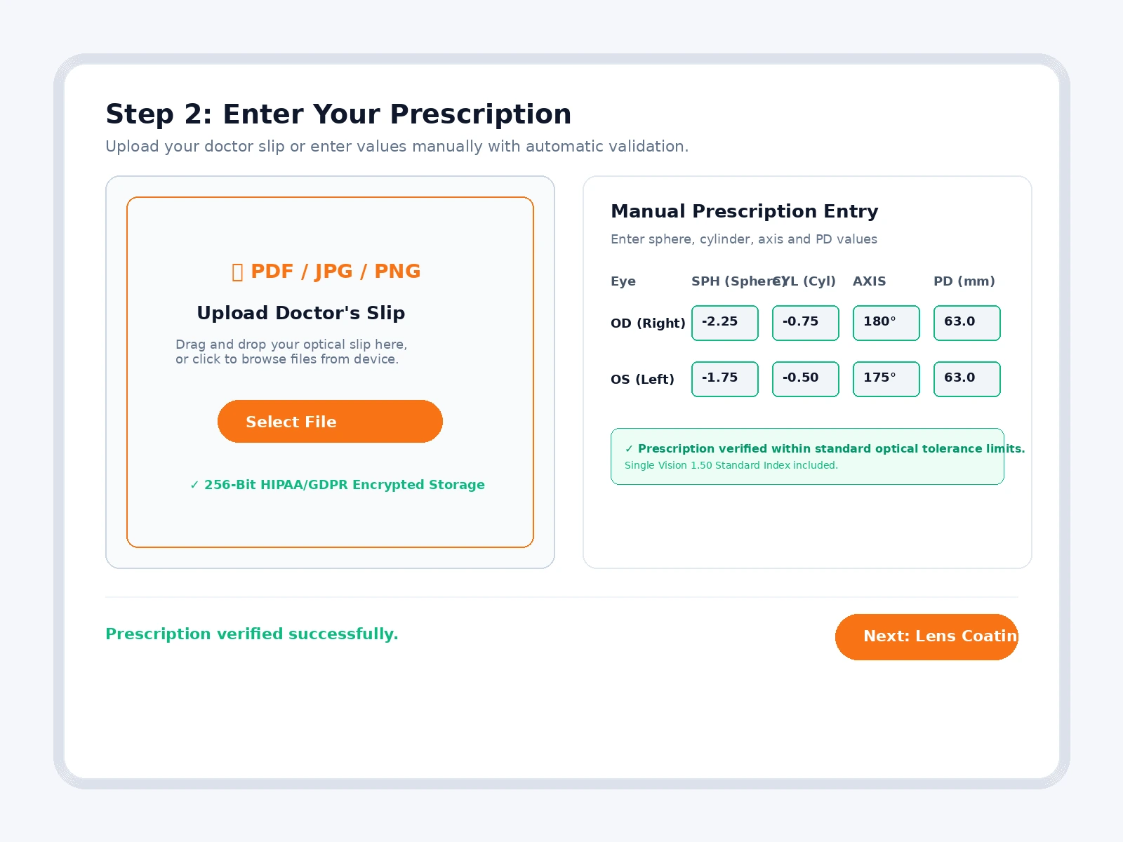 SpecForm prescription upload preview