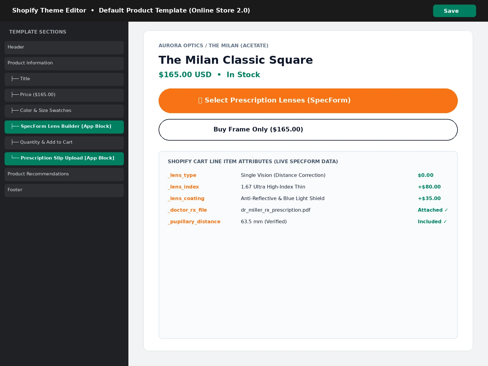 SpecForm for Shopify preview